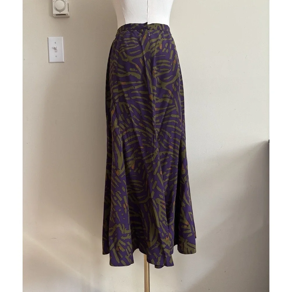 Vintage 80s 90s Long Silk Skirt Womens 6 Small Purple Green A Line Flowy Hem
